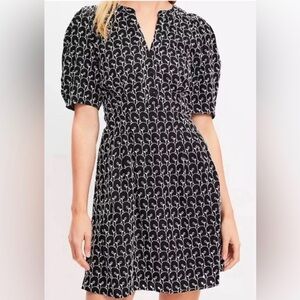Loft Embroidered Mini Dress Size 12 Cotton Black Short Sleeves Puff Sleeve
